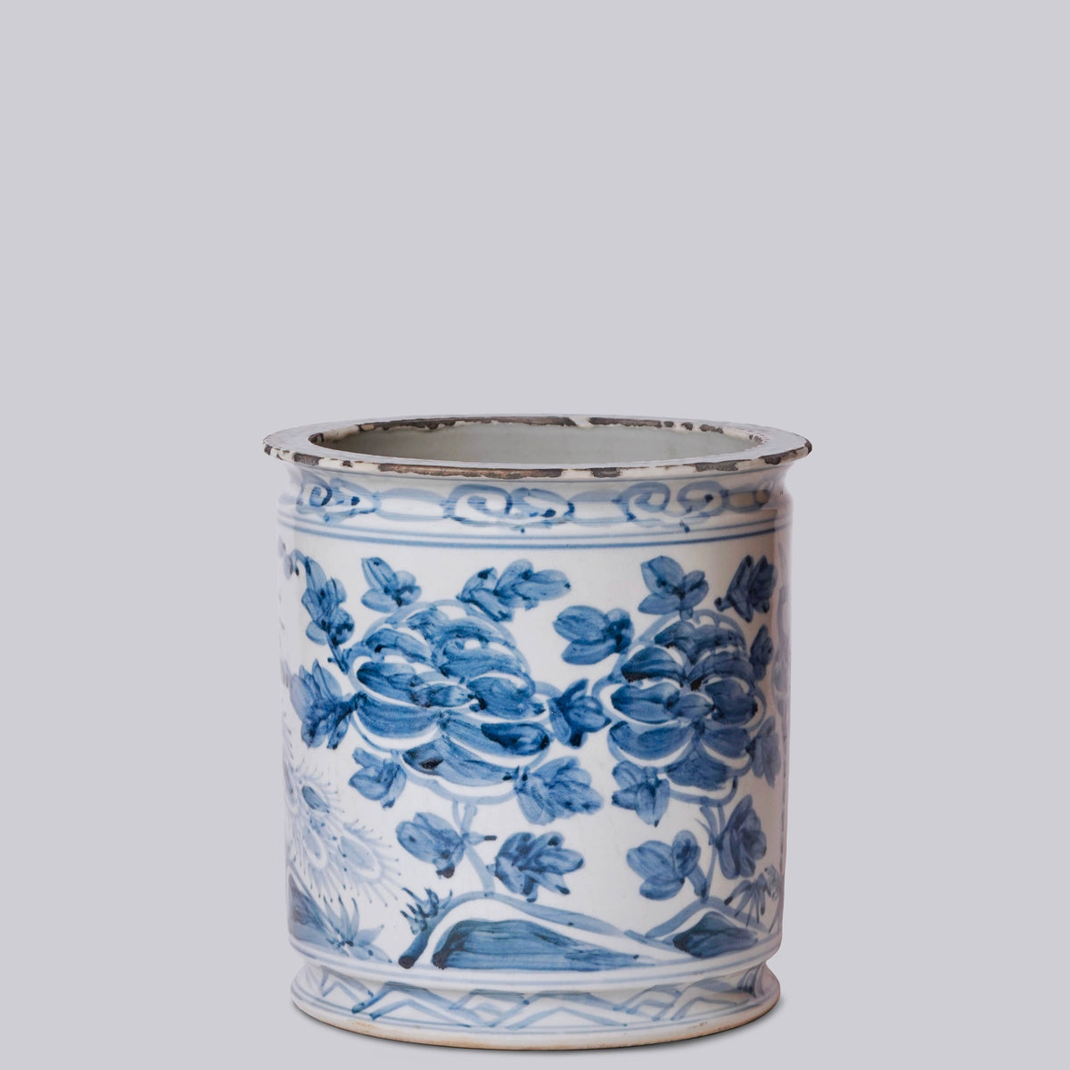 Rustic Peacock Blue and White Porcelain Cachepot