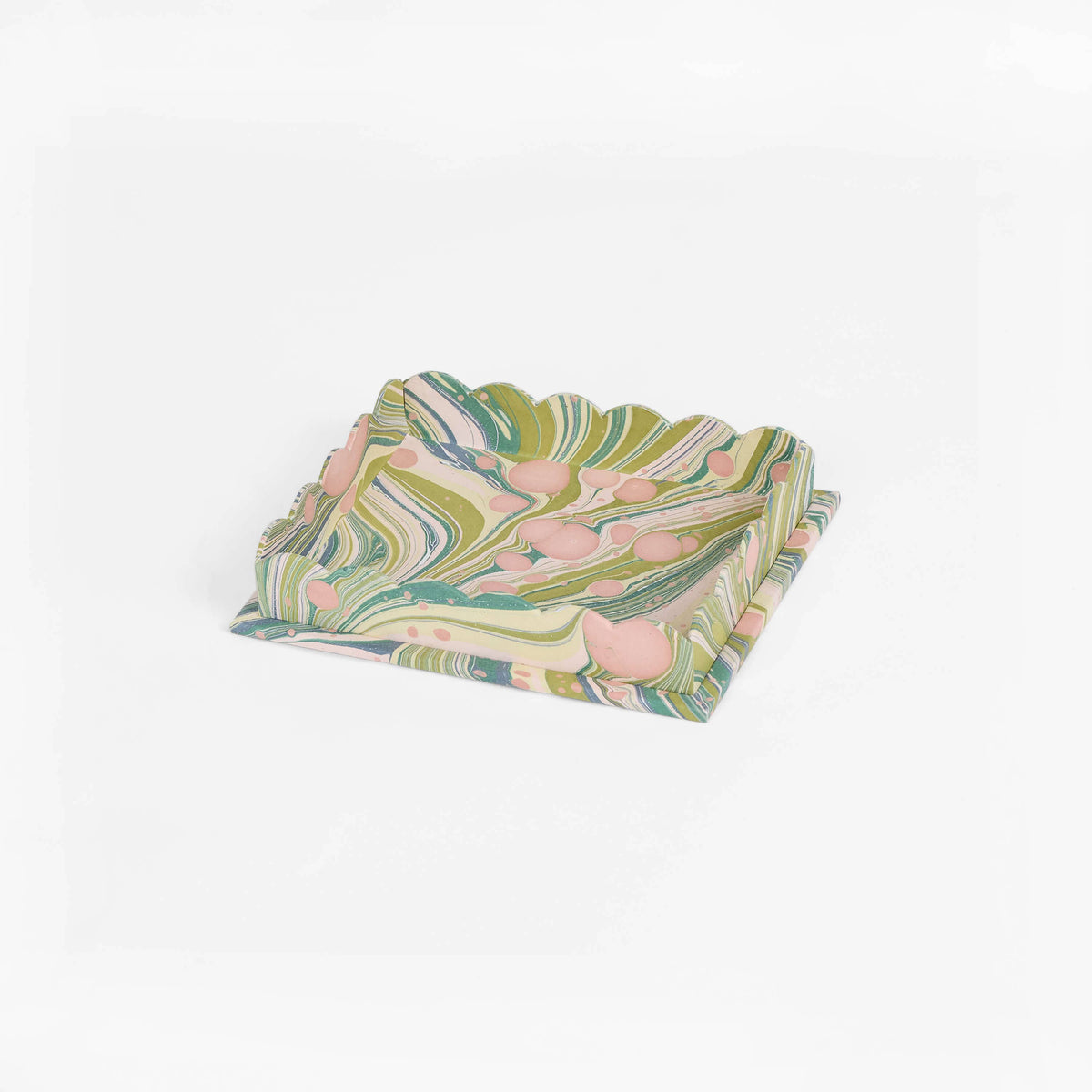 HAND MARBLED SCALLOPED DESK TRAY SET - MOSS FIRE WHIRL