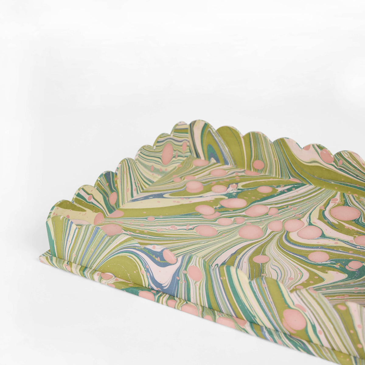 HAND MARBLED SCALLOPED DESK TRAY SET - MOSS FIRE WHIRL