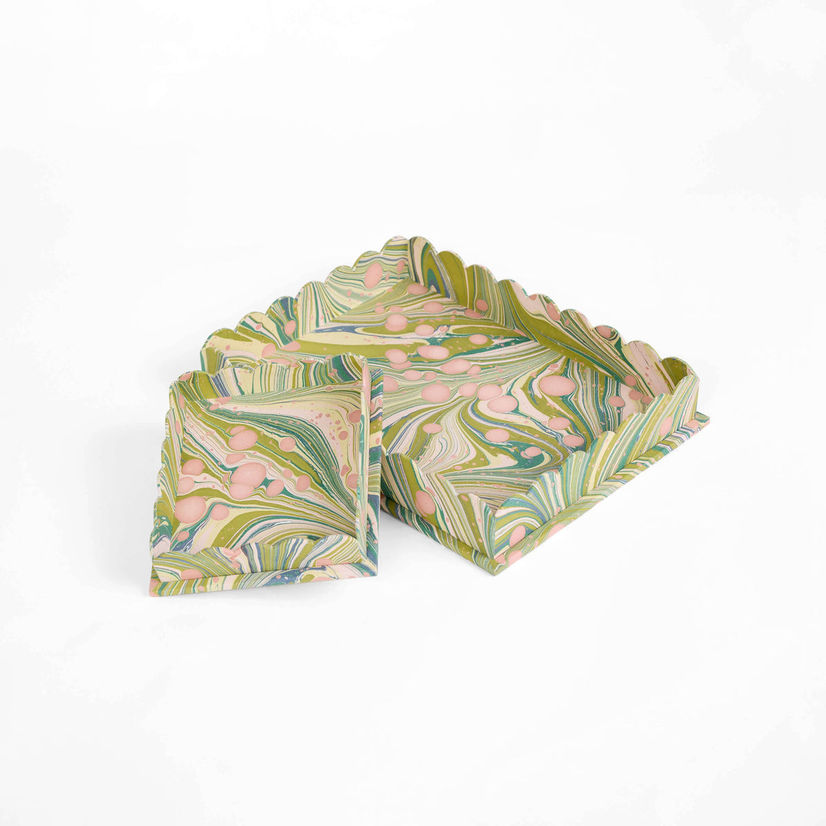 HAND MARBLED SCALLOPED DESK TRAY SET - MOSS FIRE WHIRL