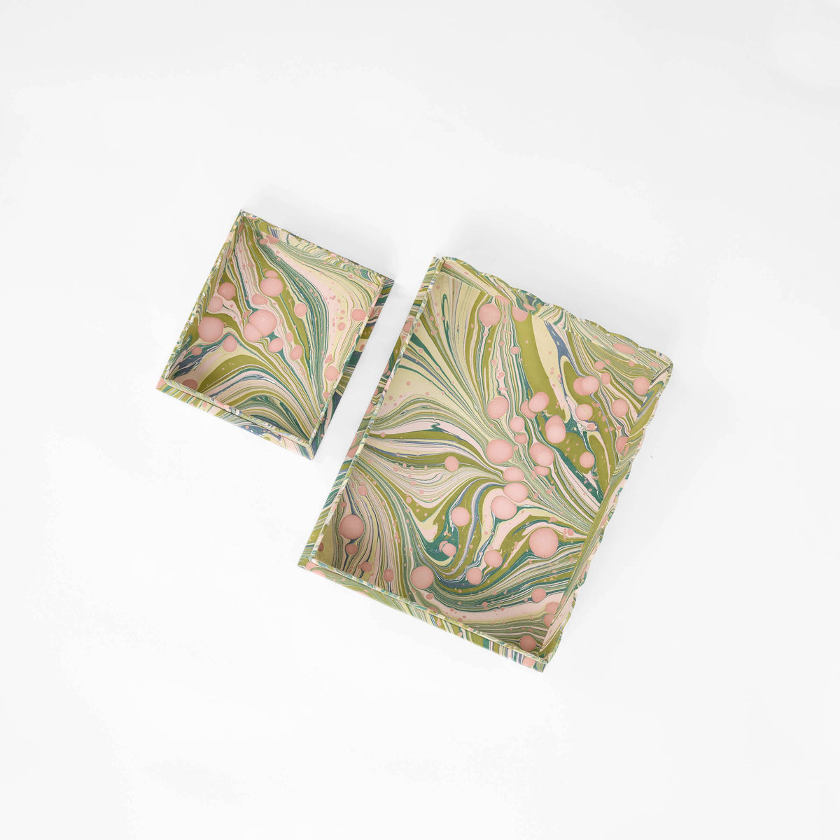 HAND MARBLED SCALLOPED DESK TRAY SET - MOSS FIRE WHIRL