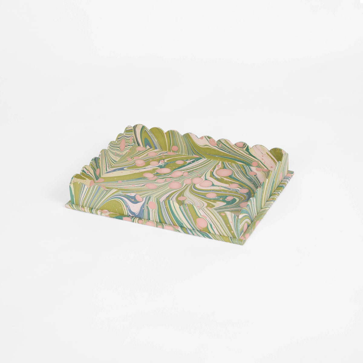 HAND MARBLED SCALLOPED DESK TRAY SET - MOSS FIRE WHIRL